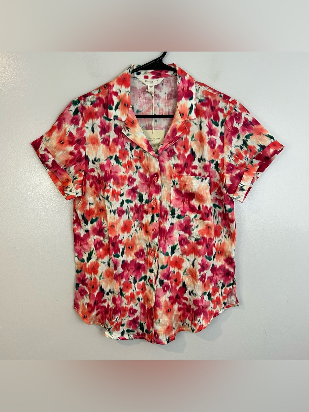 NWT Garnet Hill 100% LInen Pink Floral Short Cuff Sleeve Button Down Top Size 6